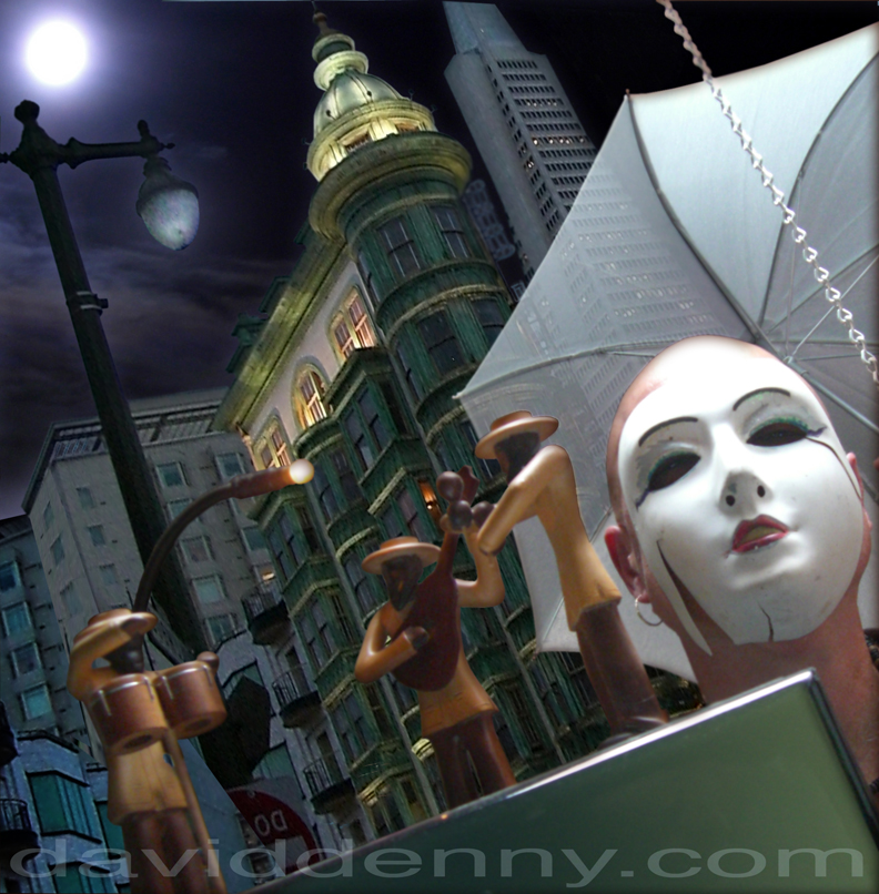 san francisco night time surreal tall buildings with moon